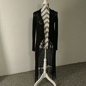Long hooded cardigan.